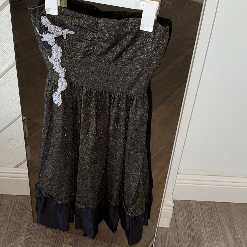 Free People Black and Gold Dress with White Lace Detail